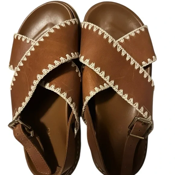 ALOHAS Tan Leather Sandals with Cream Stitching - Picture 2 of 5